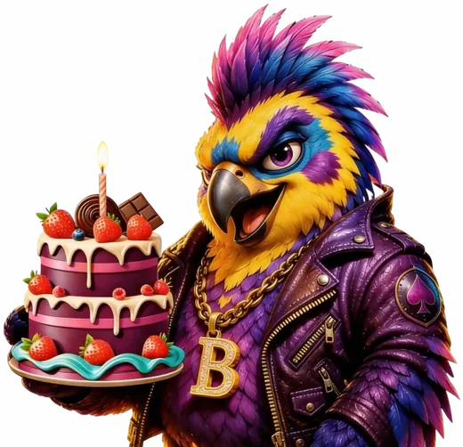 Vogel Maskottchen mit Torte